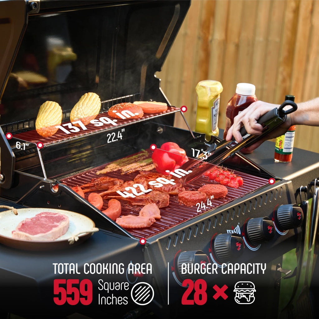Feasto 4-Burner Propane Gas Grill, Outdoor Grill with 2 Side Tables and Porcelain-Enameled Grates, Black Gas Grills