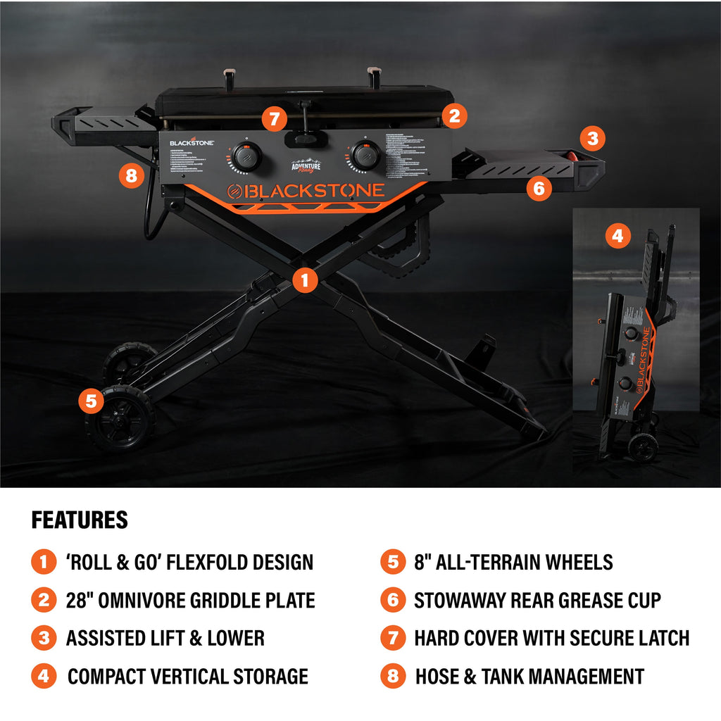 Blackstone Adventure Ready Outdoor Griddle, 28 Inch 2-Burner Flat Top Grill with Flexfold Legs, Gray Blackstone
