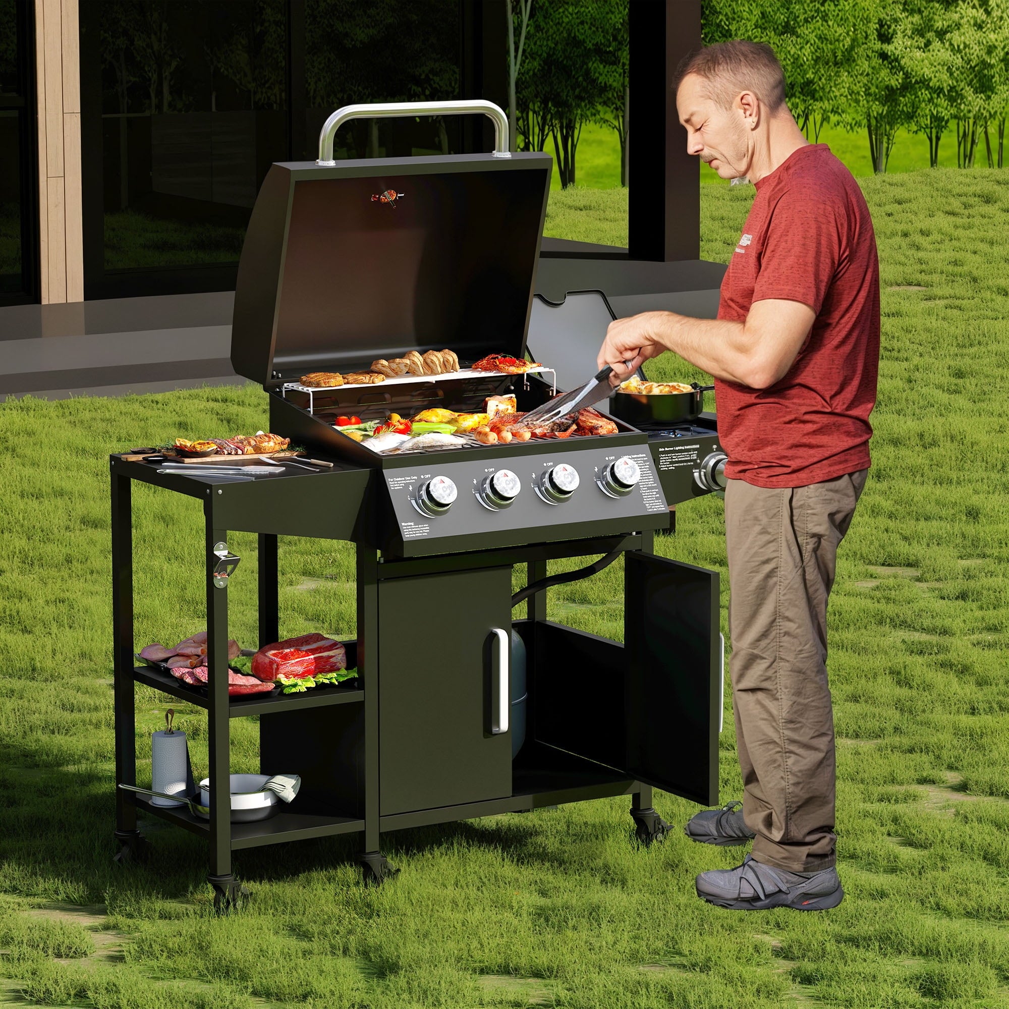 4 Burner Propane Gas Grill with 3 Tier Shelf, 50000 BTU Outdoor Cooking Stainless Steel BBQ Grills Cabinet,Can be Placed Smoke Box，Black Tcisa
