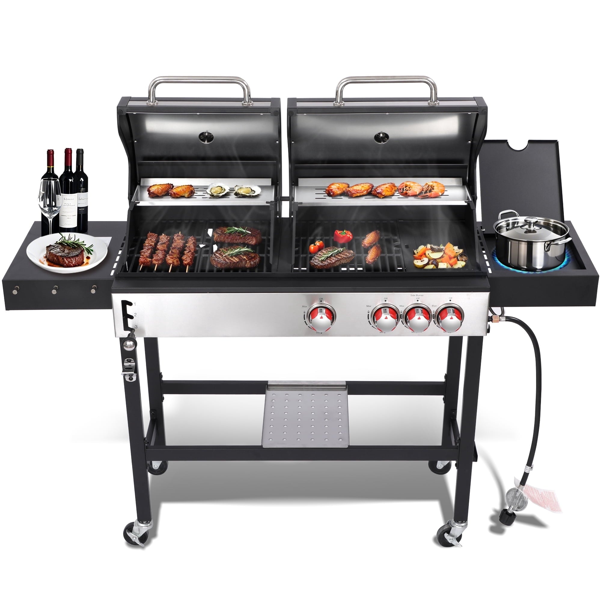 3 Burner Gas & Charcoal Combo Grill with Side Burner, Outdoor BBQ Propane Grill, 673 Sq. In. Cast Iron Grates & Reversible Griddle, 37200 BTU Stainless Steel Lid for Backyard Cooking Nice Cooker