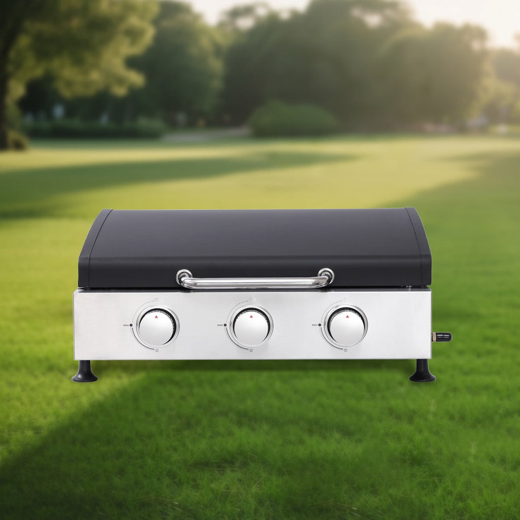 3 Burner Gas Grill - 28,650 BTU High-Powered, Stainless Steel with High-Temperature Enamel Coating, Multi-Function Teppanyaki & Grill, Cast Iron Grates, Pull-Out Oil Pan with Cups, Safe Ignition GORTES