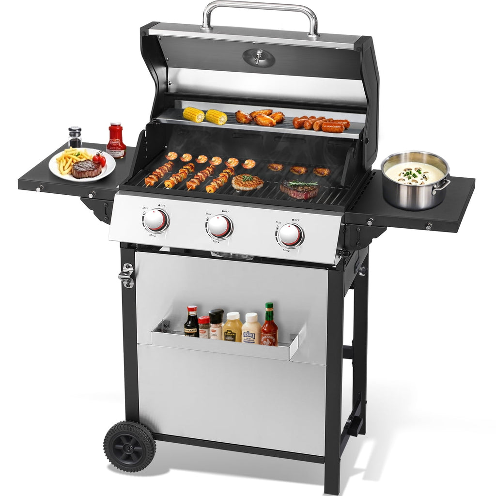 3 Burner Gas Grill with Double-Layer Stainless Steel Lid, 30,000 BTU Patio Garden Barbecue Grill with Folding Side Tables Garden It