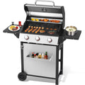 3 Burner Gas Grill with Double-Layer Stainless Steel Lid, 30,000 BTU Patio Garden Barbecue Grill with Folding Side Tables Garden It