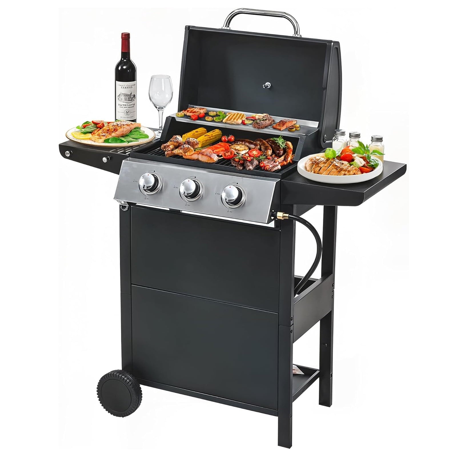 3-Burner Propane Gas Grill, 25650 BTU, Stainless Steel Outdoor BBQ Gill with Wire Enamel Grids, Thermometer for Cookingand Foldable Side Tables Gas Grills