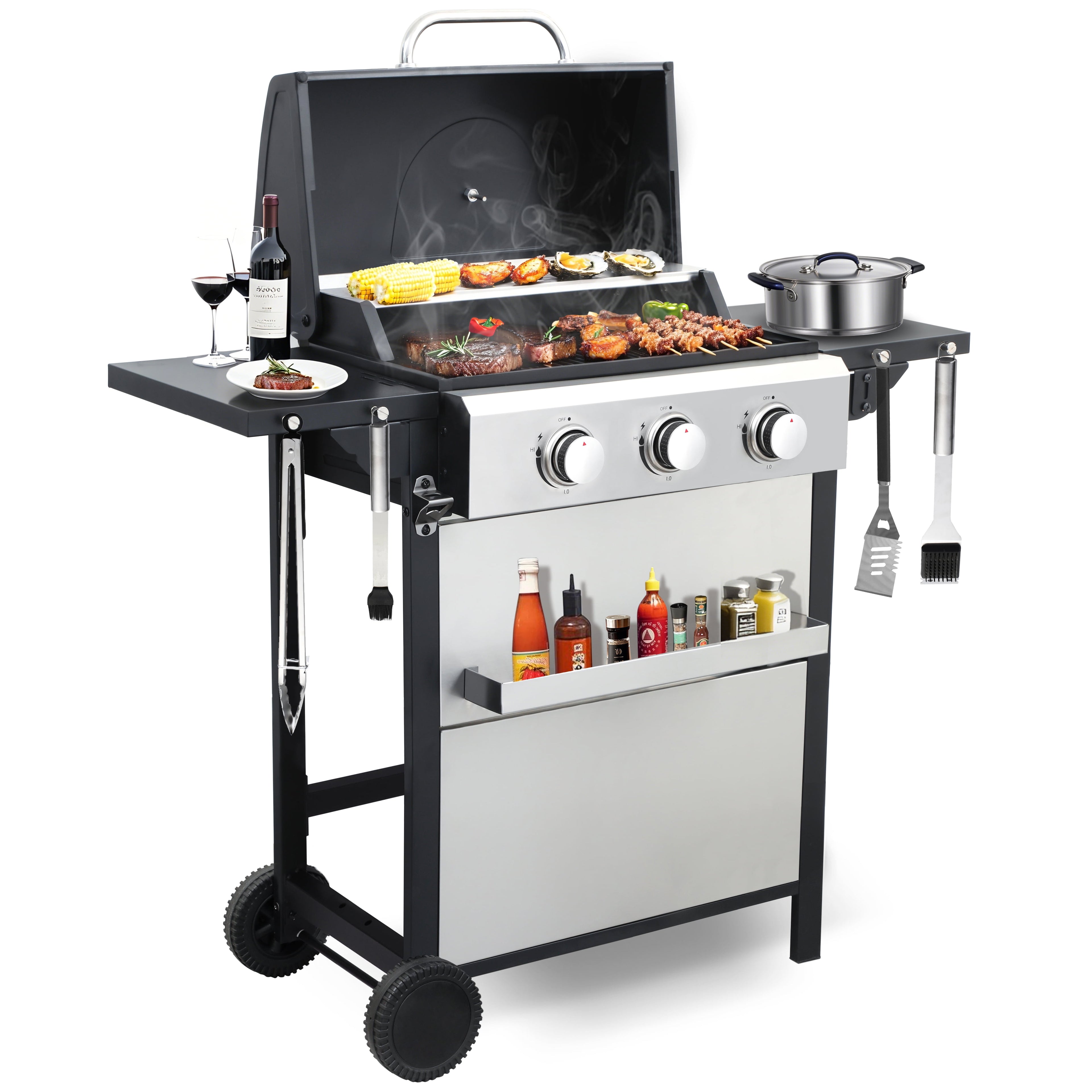 3-Burner Propane Gas Grill – 30,000 BTU Stainless Steel BBQ Grill with Porcelain-Enameled Cooking Grates, Pull-Out Grease Tray & Foldable Side Shelves, Even Heat Distribution Born Free