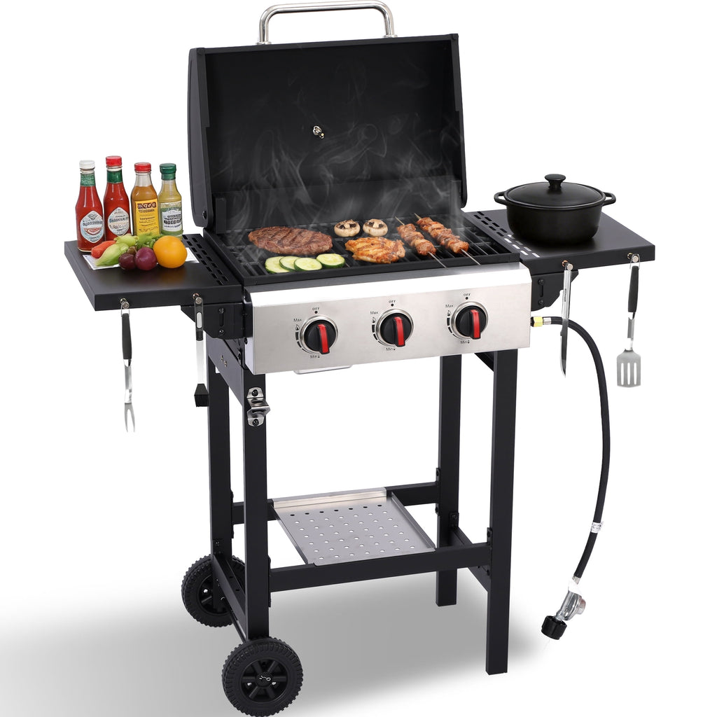 CIG GARDEN 3-Burner Propane Gas Grill with Folding Side Tables, Cast Iron Grates, and Stainless Steel Grill Pan CIG GARDEN