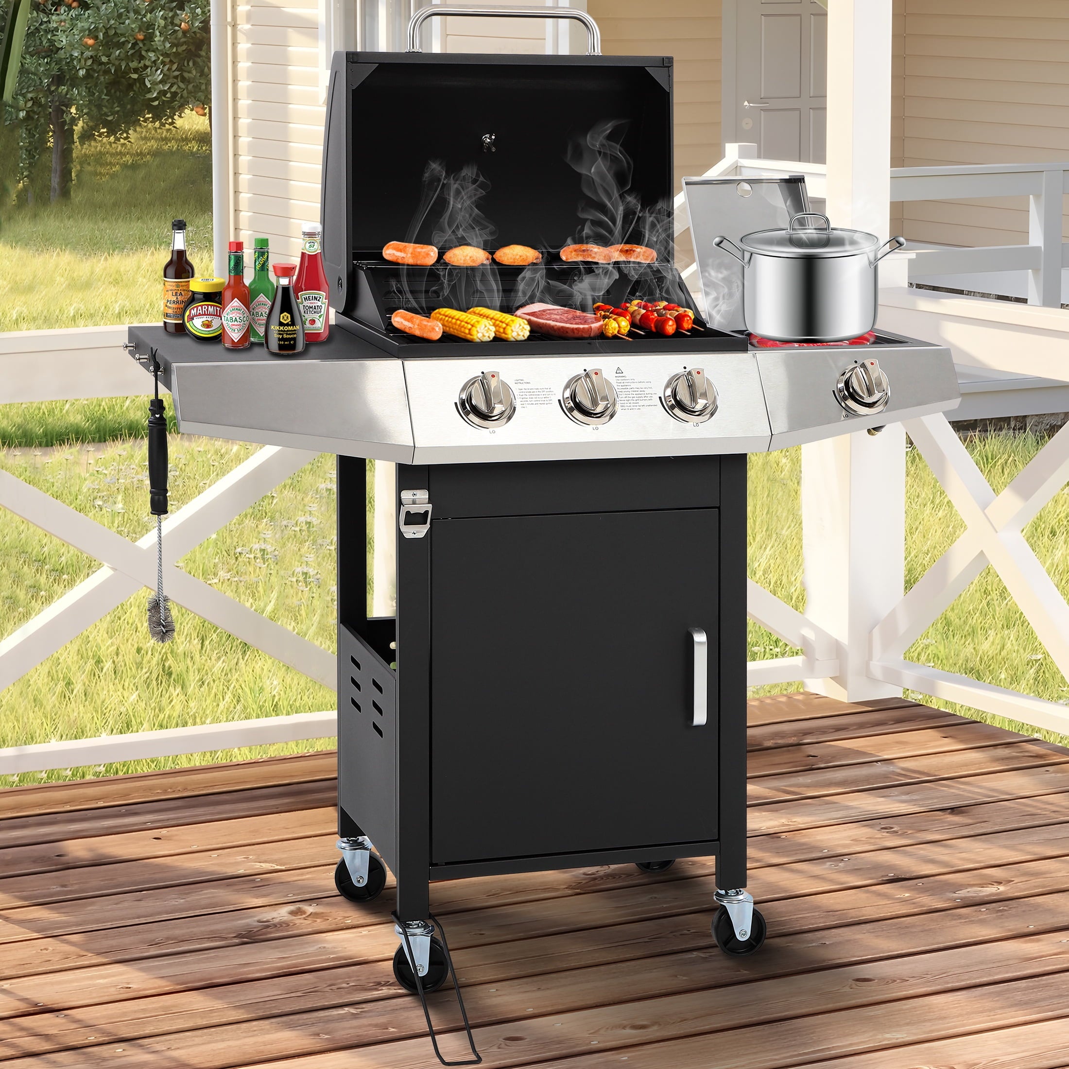 3-Burner Propane Gas Grill with Side Burner, Gas BBQ Grill with Thermometer, Bottle Opener, and Tool Hooks, 40000 BTU Output, Fit for Patio Camping Outdoor Cooking Segmart
