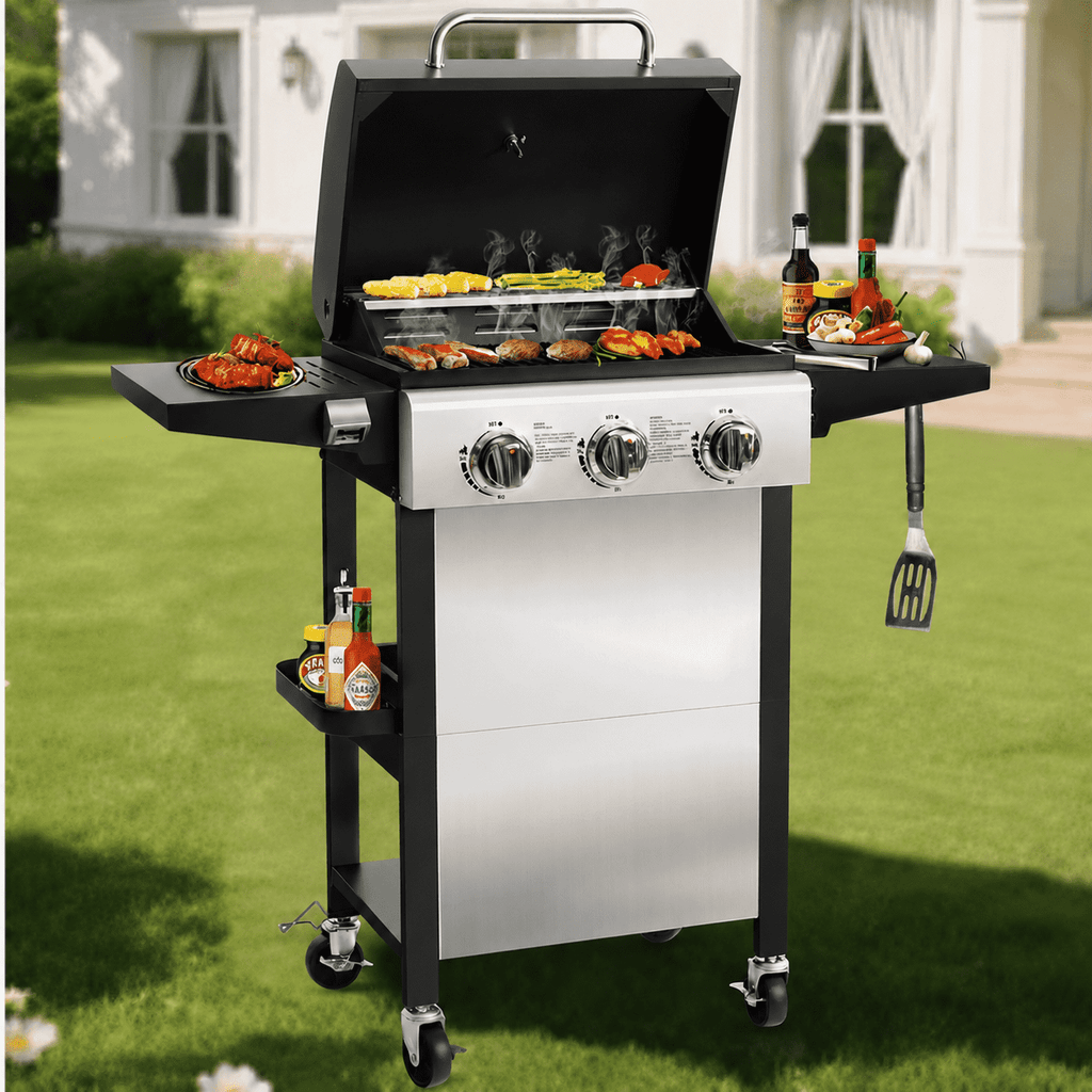 Enyopro 3-Burner Propane Gas Grill, 30000 BTU BBQ Grill with Foldable Side Table, Stainless Steel Warming Rack, Hooks, and Built-In Bottle Opener for Outdoor Barbecue Gas Grills