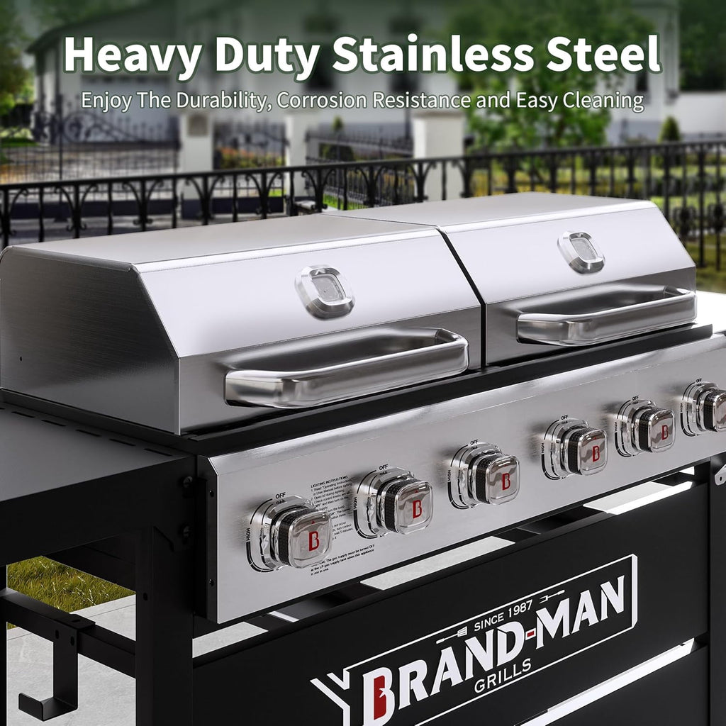 Brand Man Propane 6-Burner Combo Gas Grill with Flat Top Griddle, Heavy Duty 2-in-1 BBQ with Stainless Steel Lids for Outdoor Barbecue Gas Grills
