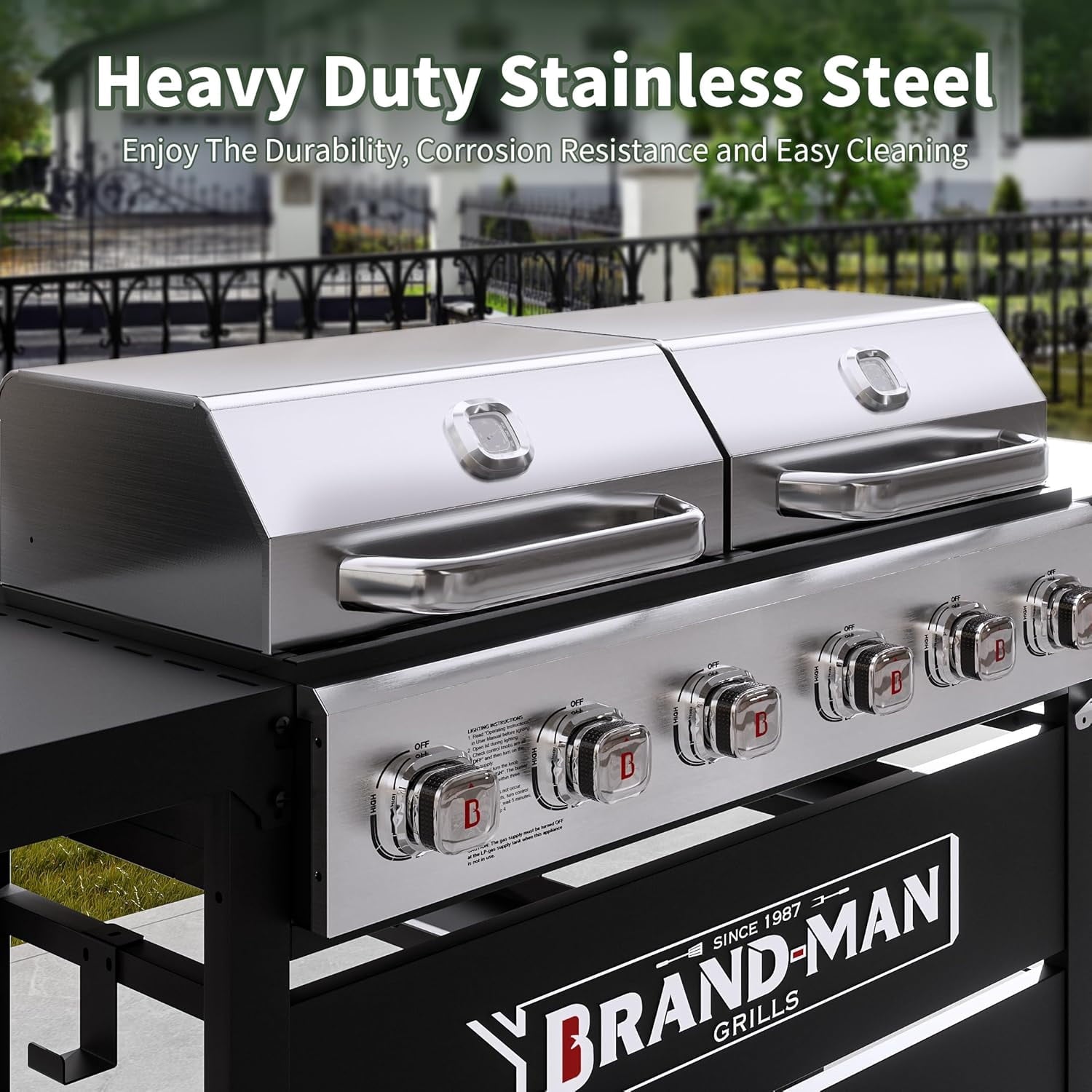 Brand Man Propane 6-Burner Combo Gas Grill with Flat Top Griddle, Heavy Duty 2-in-1 BBQ with Stainless Steel Lids for Outdoor Barbecue Gas Grills