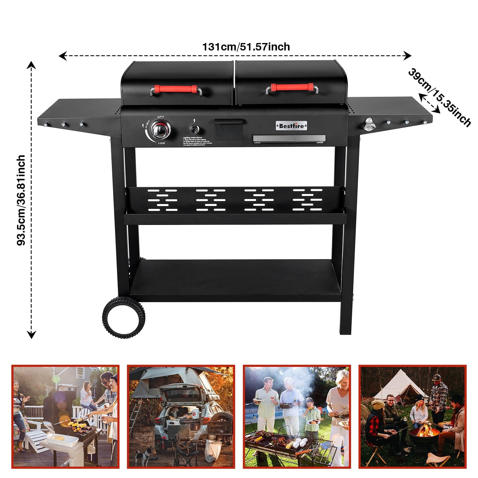Bestfire Double Fuel Propane Gas Charcoal Grill Combo Black Dual Lids, 2 Side Shelves for Outdoor and Backyard Cooking Gas Grills