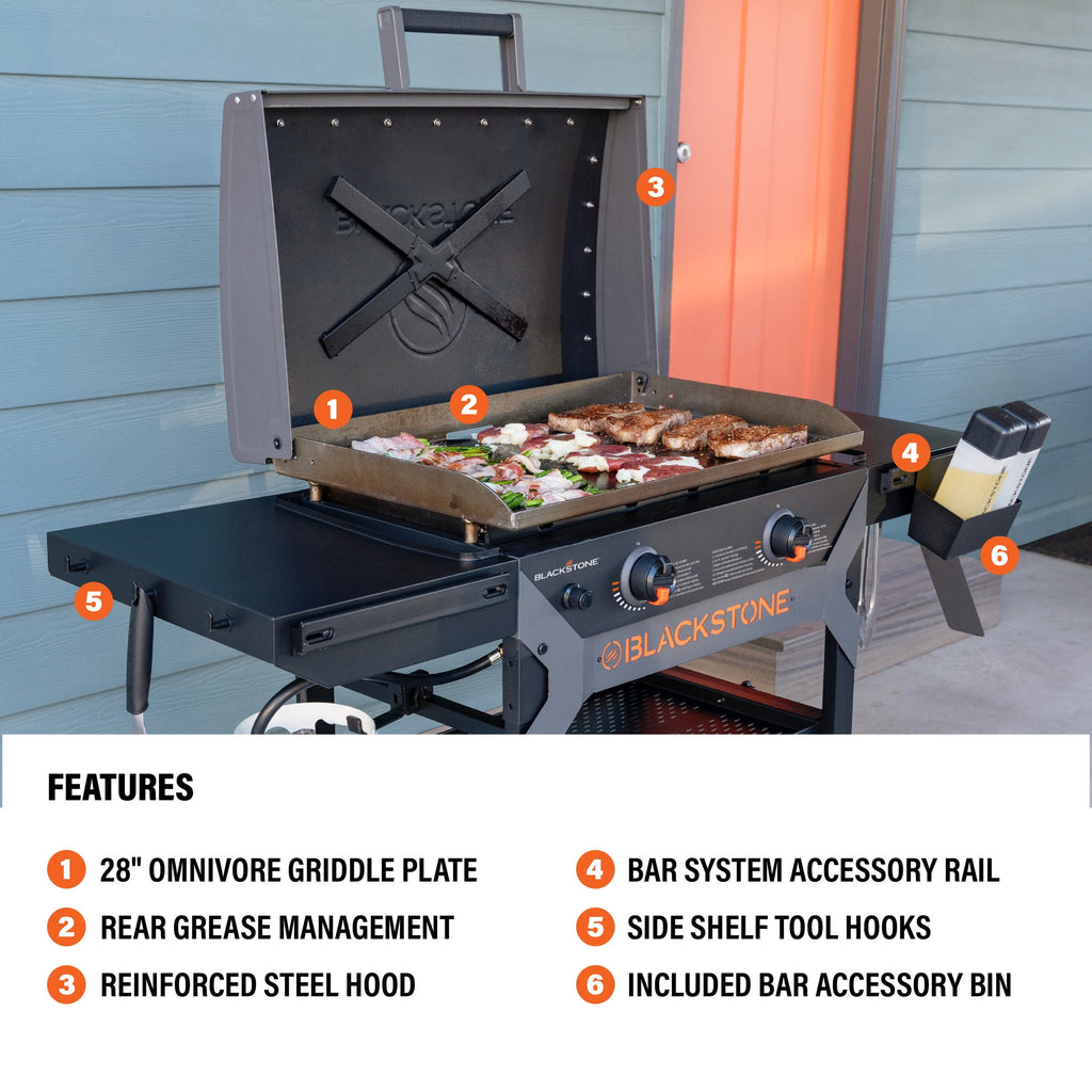 Blackstone 28 Propane Griddle Grill 2311 - Portable Outdoor Flat Top for Cooking with X-Braced Hood & Durable Powder Coated Steel - Iron Forged Omnivore Griddle Blackstone