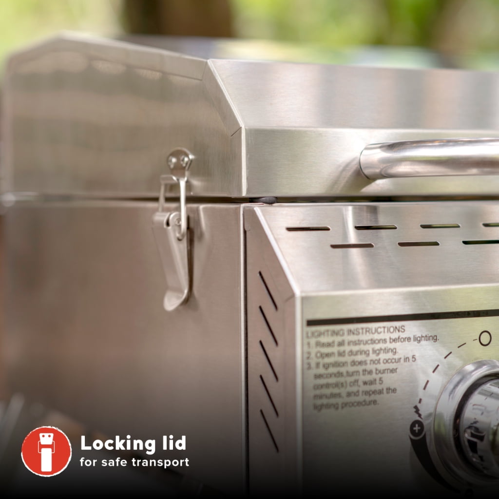 Megamaster 2-Burner Stainless Steel Portable Gas Grill with Built-In Lid, 16,000 BTUs, Foldable Legs, Small Propane Grill for Outdoor Cooking, Camping, BBQs, Patios, Tabletop, and Gardens - 820-0033M Megamaster