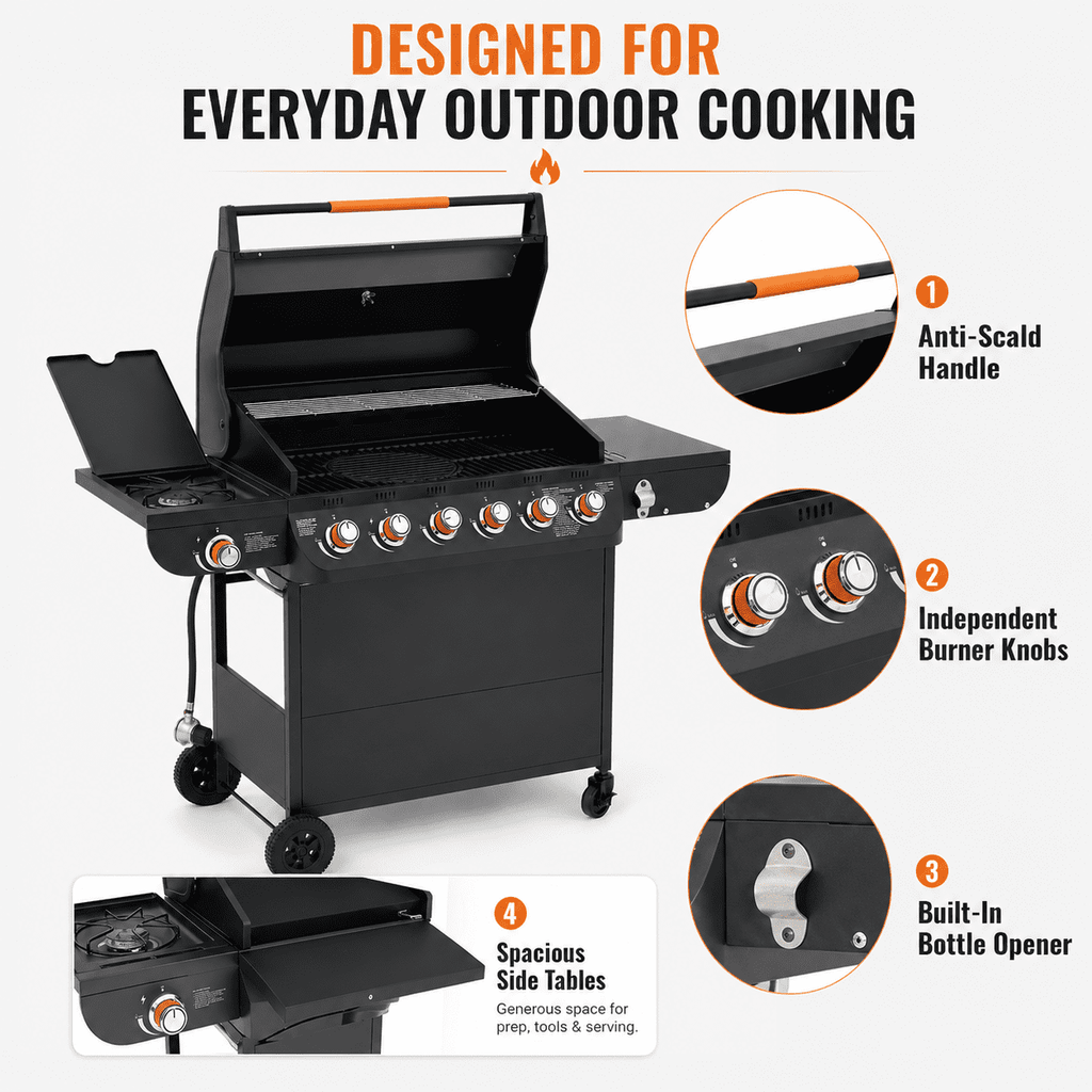 Seizeen 72,000 BTU Powerful Gas Grill, 6-Burner Propane BBQ Grill with Side Burner, w/Cast Iron Grates, Warming Rack, Thermometer Seizeen