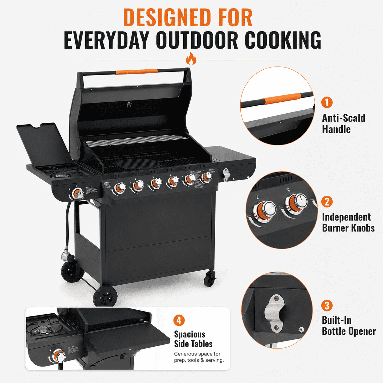 Seizeen 72,000 BTU Powerful Gas Grill, 6-Burner Propane BBQ Grill with Side Burner, w/Cast Iron Grates, Warming Rack, Thermometer Seizeen