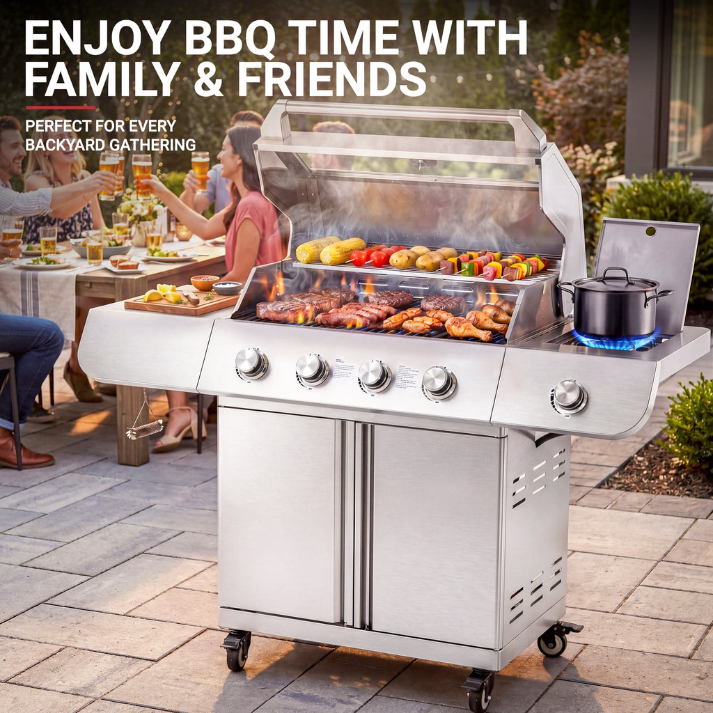 4-Burner Gas Grill and Griddle Combo with Side Burner, 50,000 BTU Propane BBQ Grill with Porcelain-Enameled Cast Iron Grates, Built-in Thermometer, Ideal for Patio Camping Outdoor Cooking Gas Grills