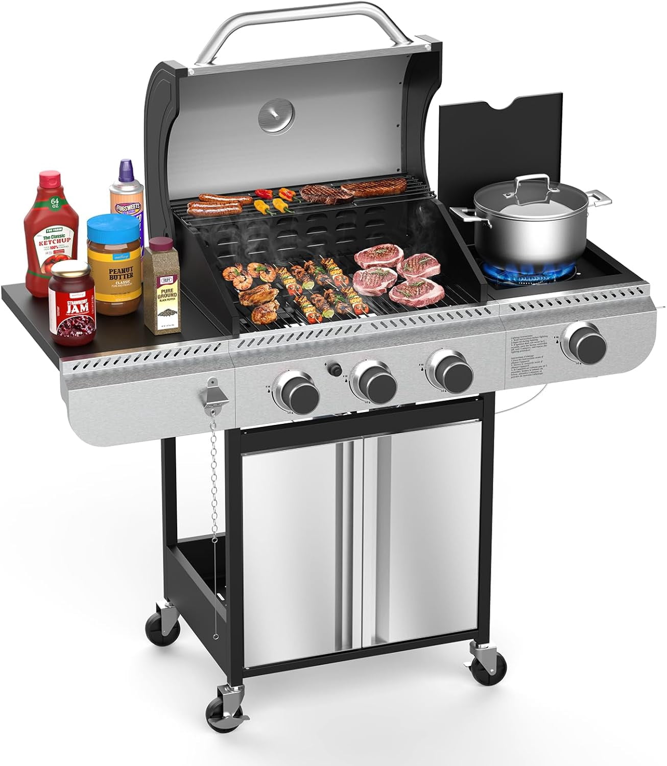 37000 BTU 3-Burner Propane Grill, Stainless Steel BBQ Grill with Side Burner & Porcelain-Enameled Cast Iron Grates for Outdoor Patio Camping WAA