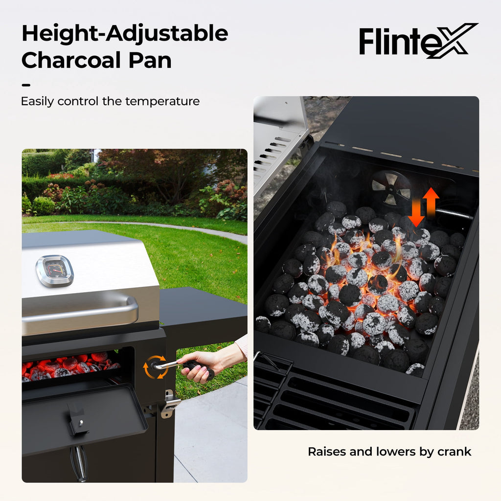 Flintex Propane Gas and Charcoal Grill Combo, Dual Fuel Outdoor BBQ Grill Stainless Steel Lids for Patio Garden Picnic Backyard Barbecue Cooking Gas Grills