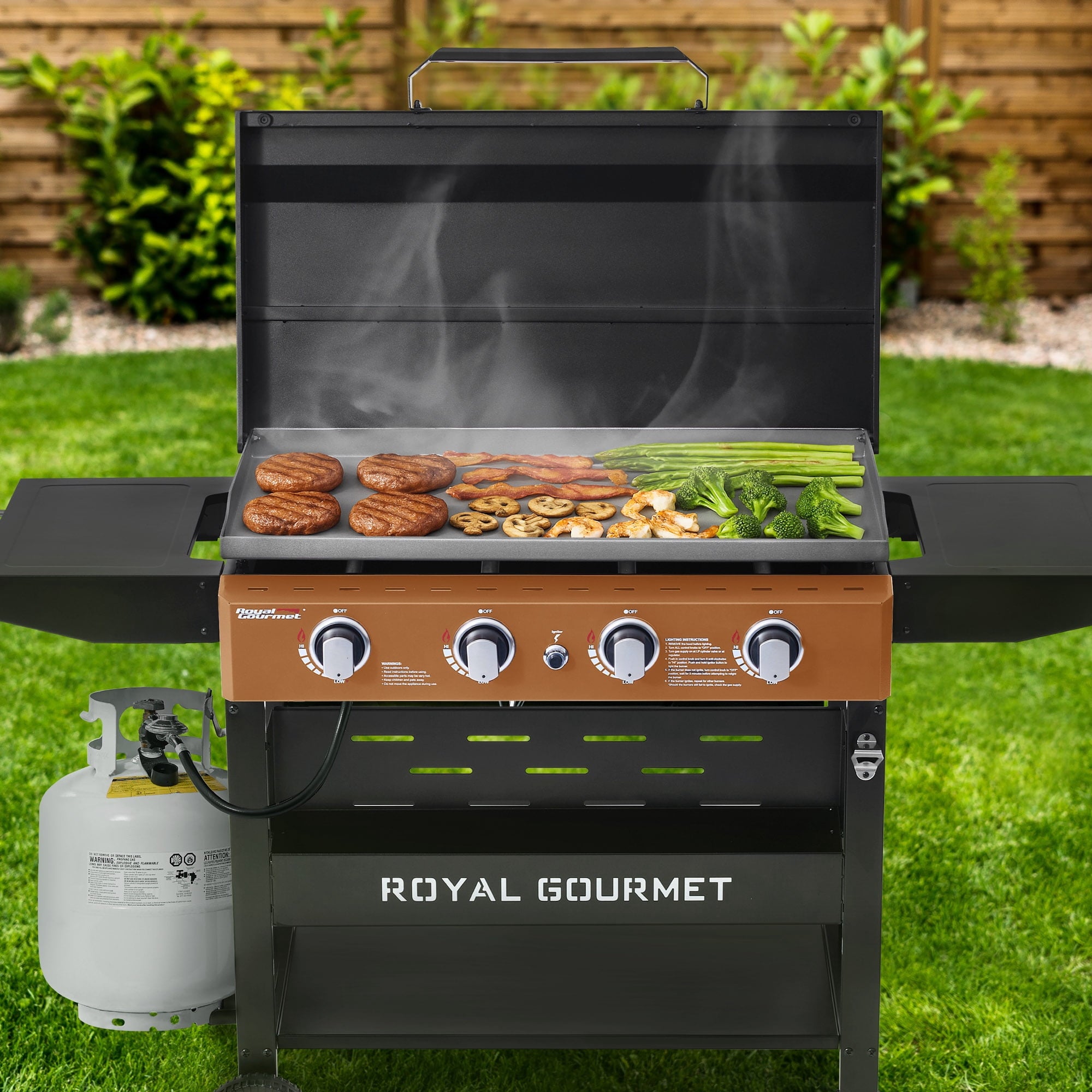Royal Gourmet GB4000PY 4-Burner Gas Griddle with Hood, Griddle with Collapsible Side Shelves,Perfect for Outdoor Cooking Royal Gourmet