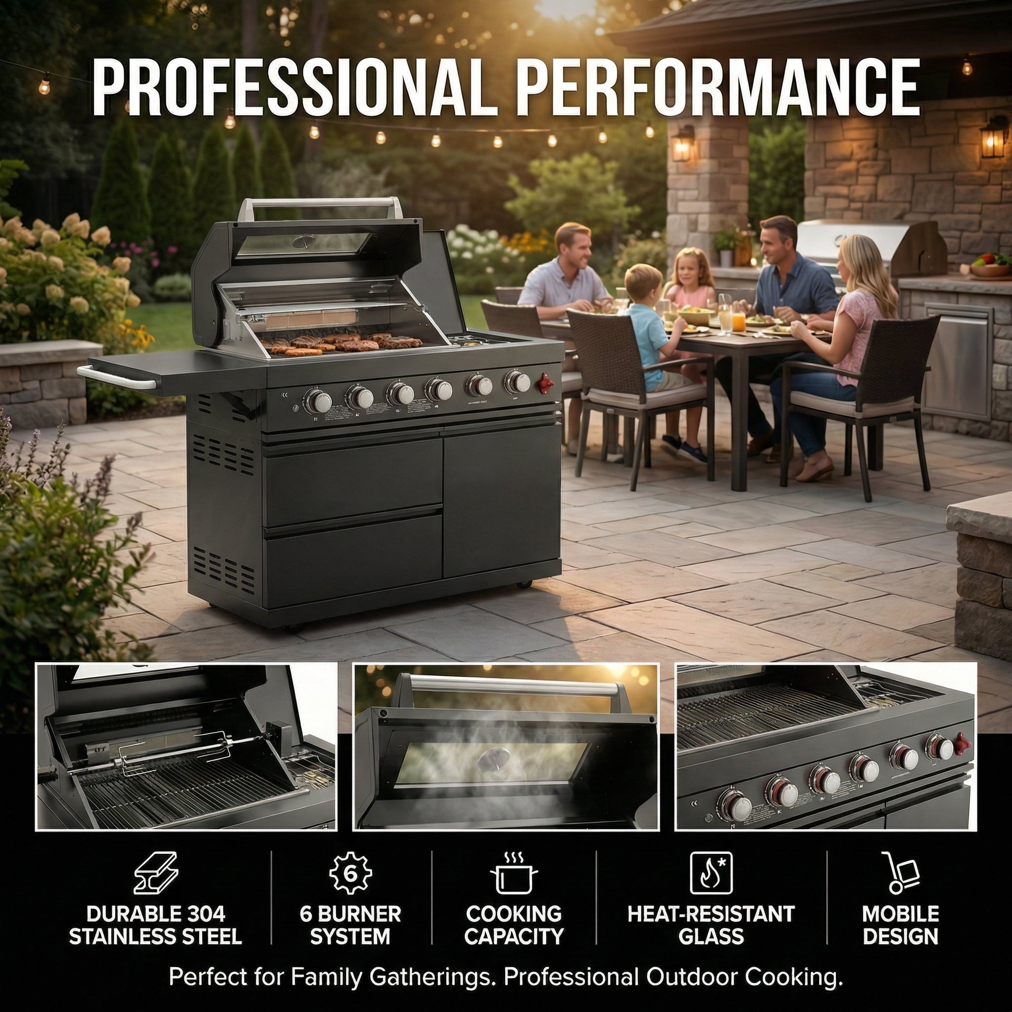 46-Inch Outdoor Kitchen Island Grill, 6-Burner 75,300 BTU Stainless Steel BBQ with Rotisserie Kit, Granite Countertops, Storage Cabinets & Wheels, Propane/Natural Gas Convertible, Black Chery Industrial