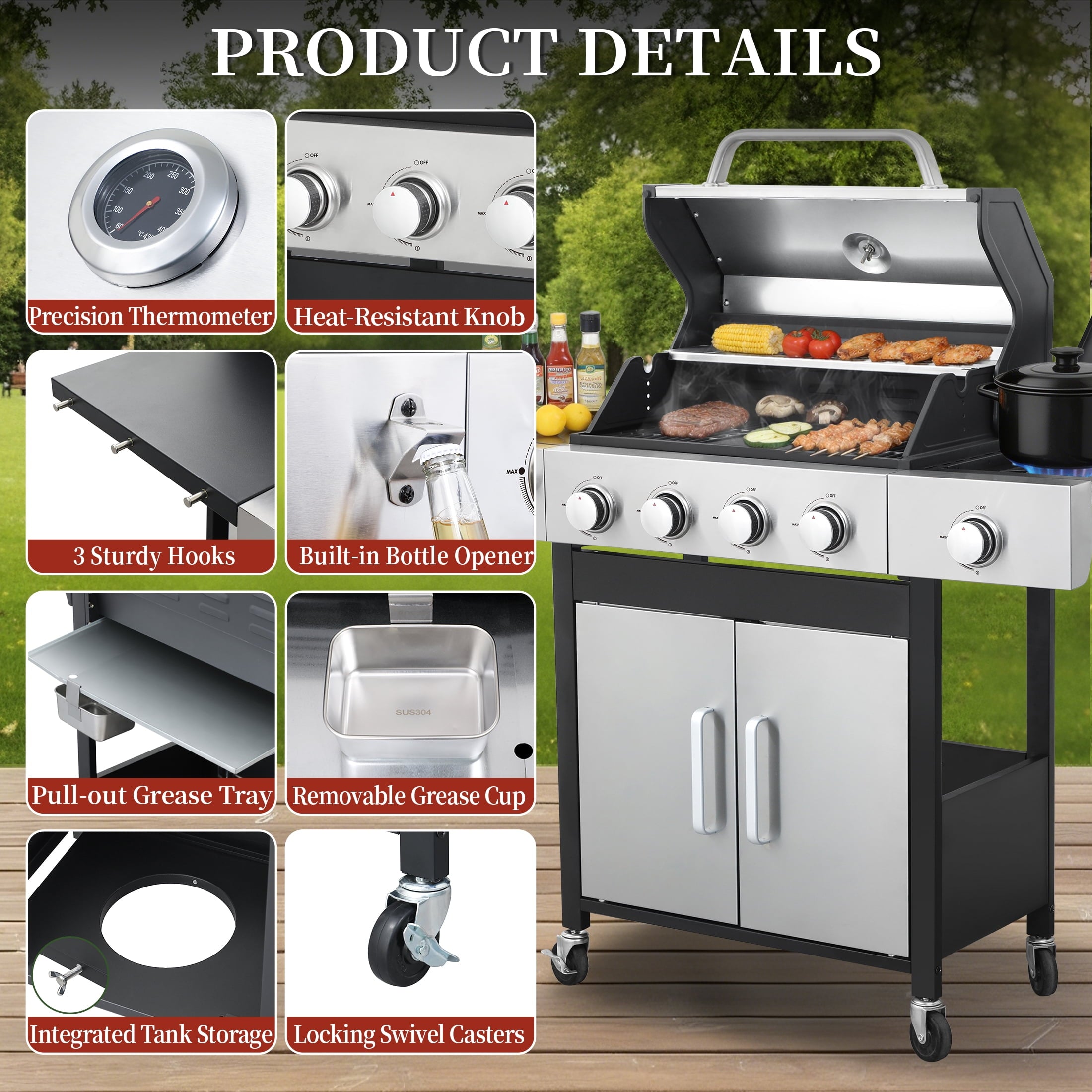 CIG GARDEN 4-Burner Propane Gas Grill and Griddle Combo with Side Burner, Cast Iron Grates, and Double-Wall Insulated Lid CIG GARDEN