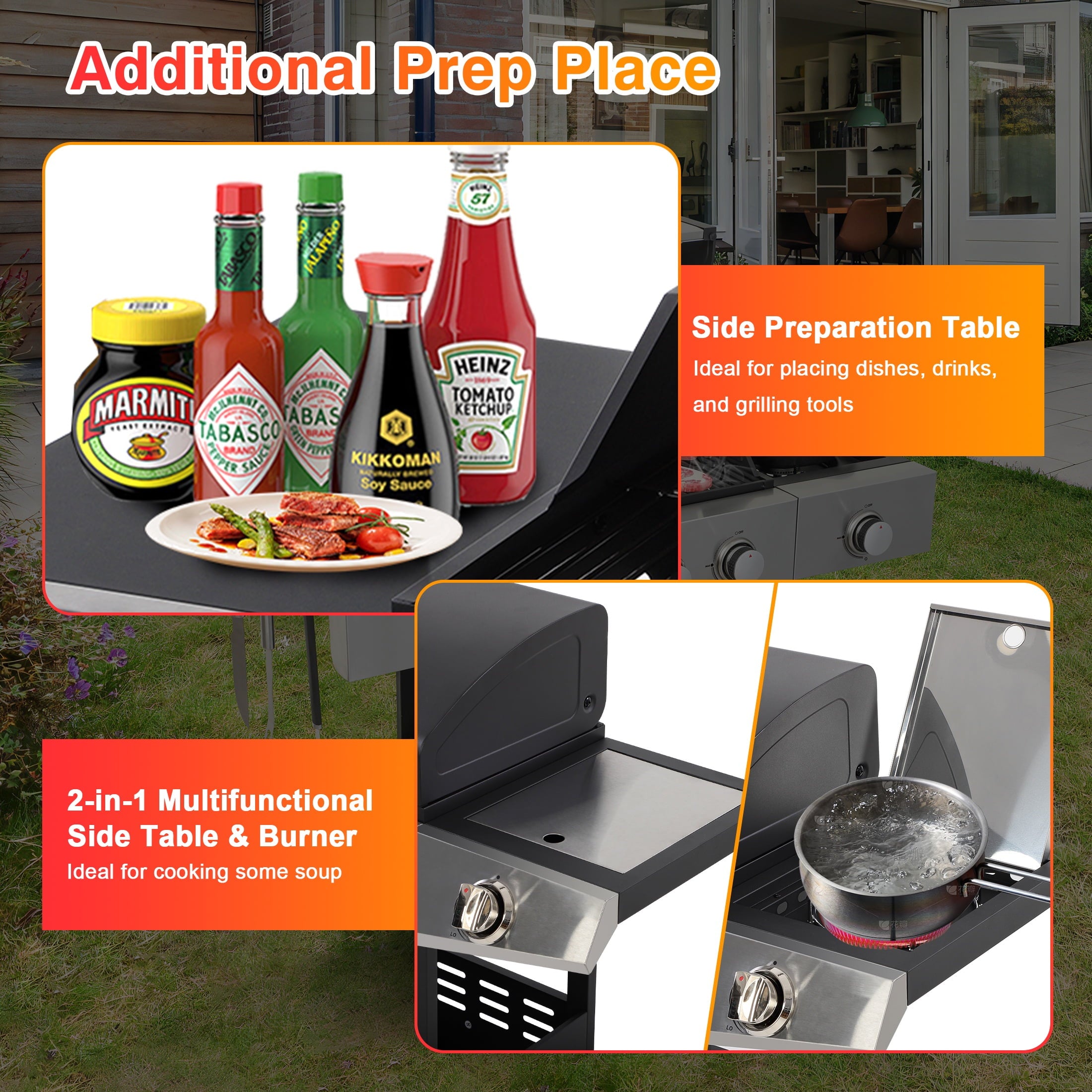 3-Burner Propane Gas Grill with Side Burner, Gas BBQ Grill with Thermometer, Bottle Opener, and Tool Hooks, 40000 BTU Output, Fit for Patio Camping Outdoor Cooking Segmart