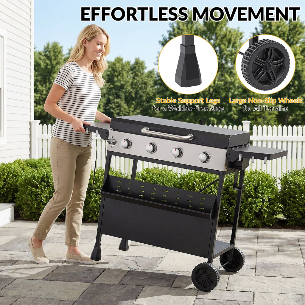Magic Union 4-Burner Heavy Duty Rolling Flat Top Propane Gas Griddle, Portable Griddle on Cart with Hood & Foldable Side Shelves, 32000 BTU 455 sq.in, for Outdoor Cooking, Camping & Tailgating Gas Grills