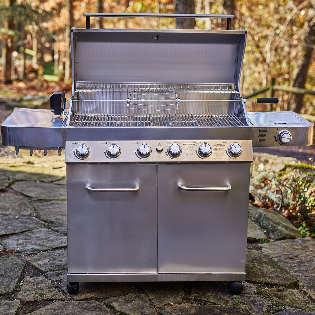 Monument Grills 6+1 Burner Propane Gas Grill  84,000 BTU Stainless Steel Outdoor Patio Barbecue Grill  LED Controls , Free Rotisserie Kit , and Easy Cleanup , 77352 Monument Grills