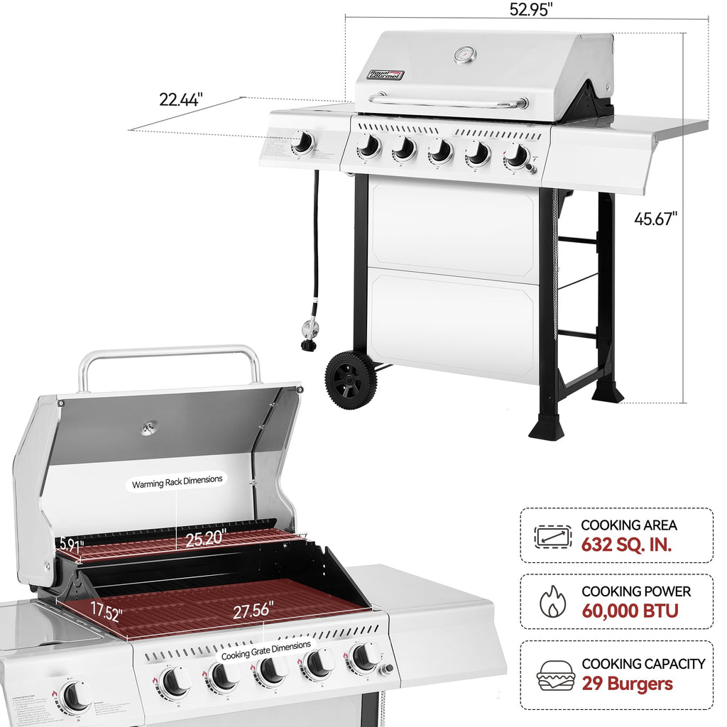 Royal Gourmet GA5401T 5-Burner BBQ Liquid Propane Gas Grill with Side Burner, Stainless Steel 60,000 BTU Barbecue Grill for Patio Garden Picnic Backyard Party, Silver Royal Gourmet