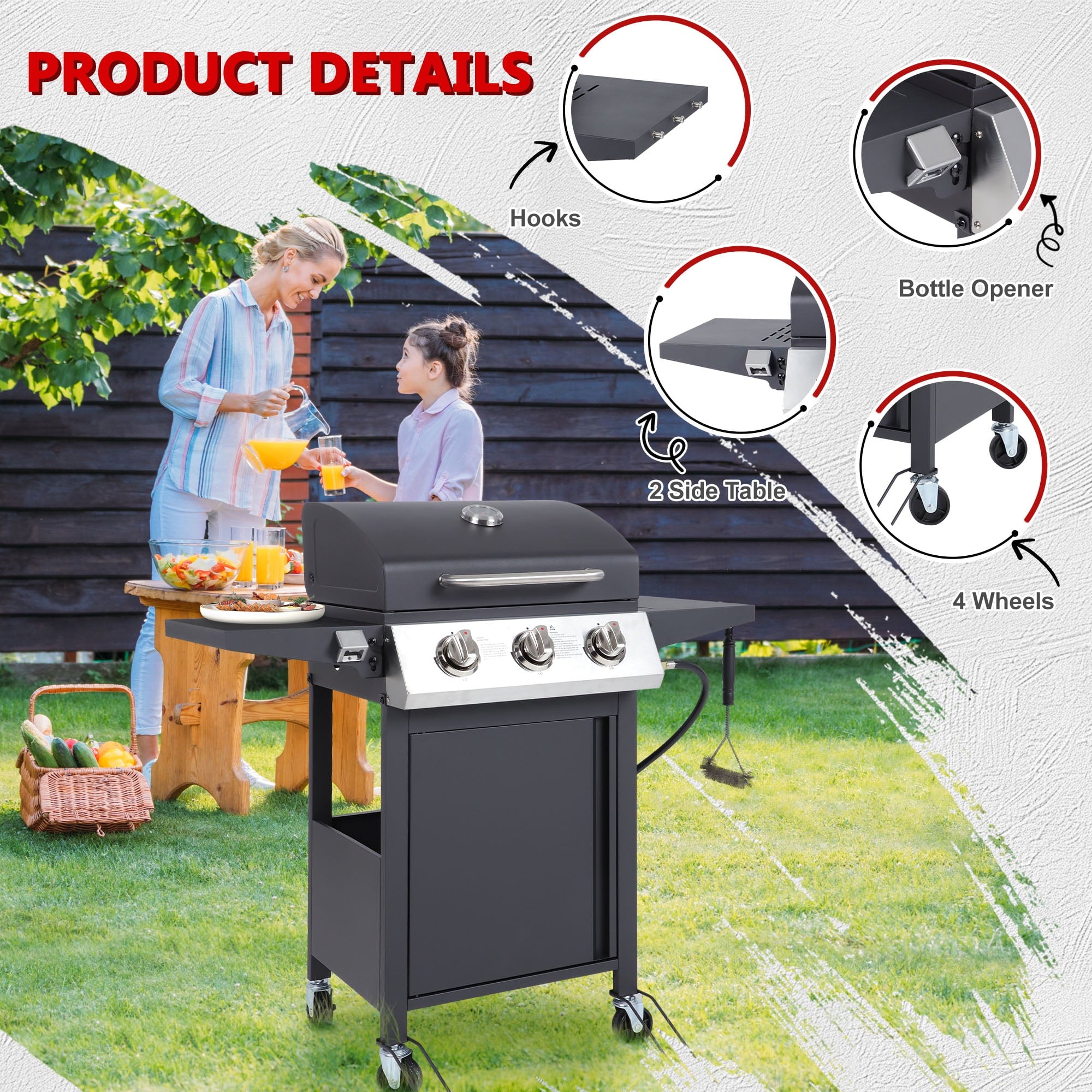 30000 BTU Gas Grill with 4 Universal Wheels, 3 Burners Outdoor BBQ Grill with Steel Brush & Thermometer for Outdoor Camping Gas Grills