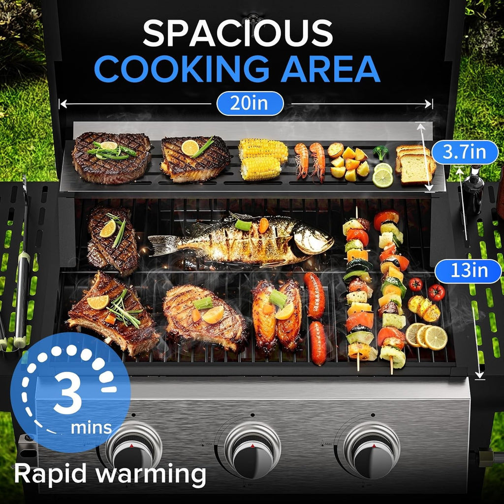 3 Burner Propane Gas Grill, Stainless Steel 36,000 BTU BBQ Grill, Built-in Lid Thermometer, Ideal for Patio Camping Backyard TPUFO