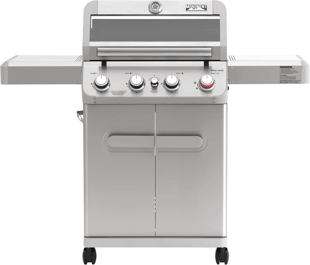 Monument Grills 4 Burner Stainless Propane Gas Grill with Viewing Window, Two Foldable Shelves ,Gas Tank Hook & Bottle , Easy Clean-up, M410MBZ Monument Grills