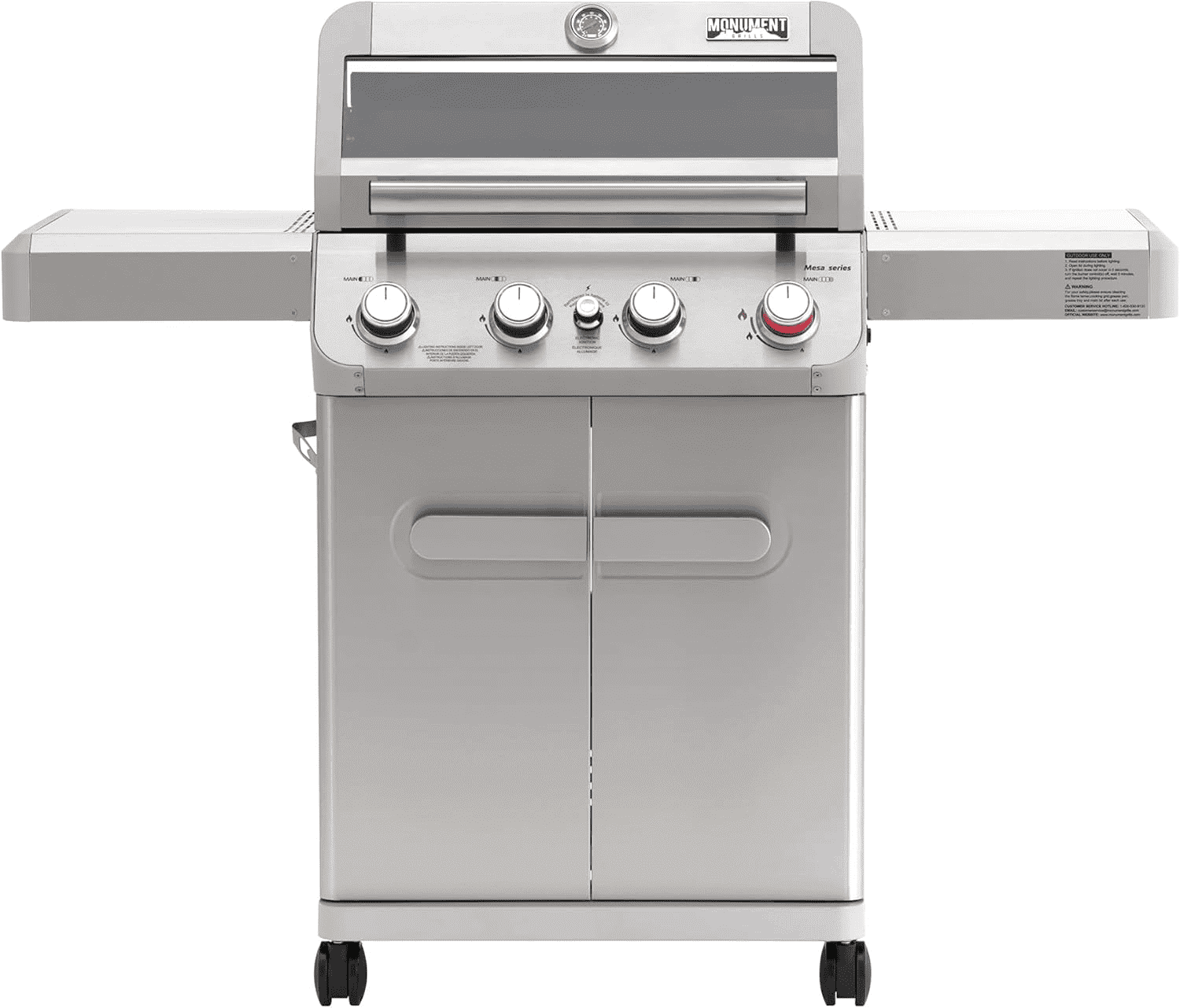 Monument Grills 4 Burner Stainless Propane Gas Grill with Viewing Window, Two Foldable Shelves ,Gas Tank Hook & Bottle , Easy Clean-up, M410MBZ Monument Grills