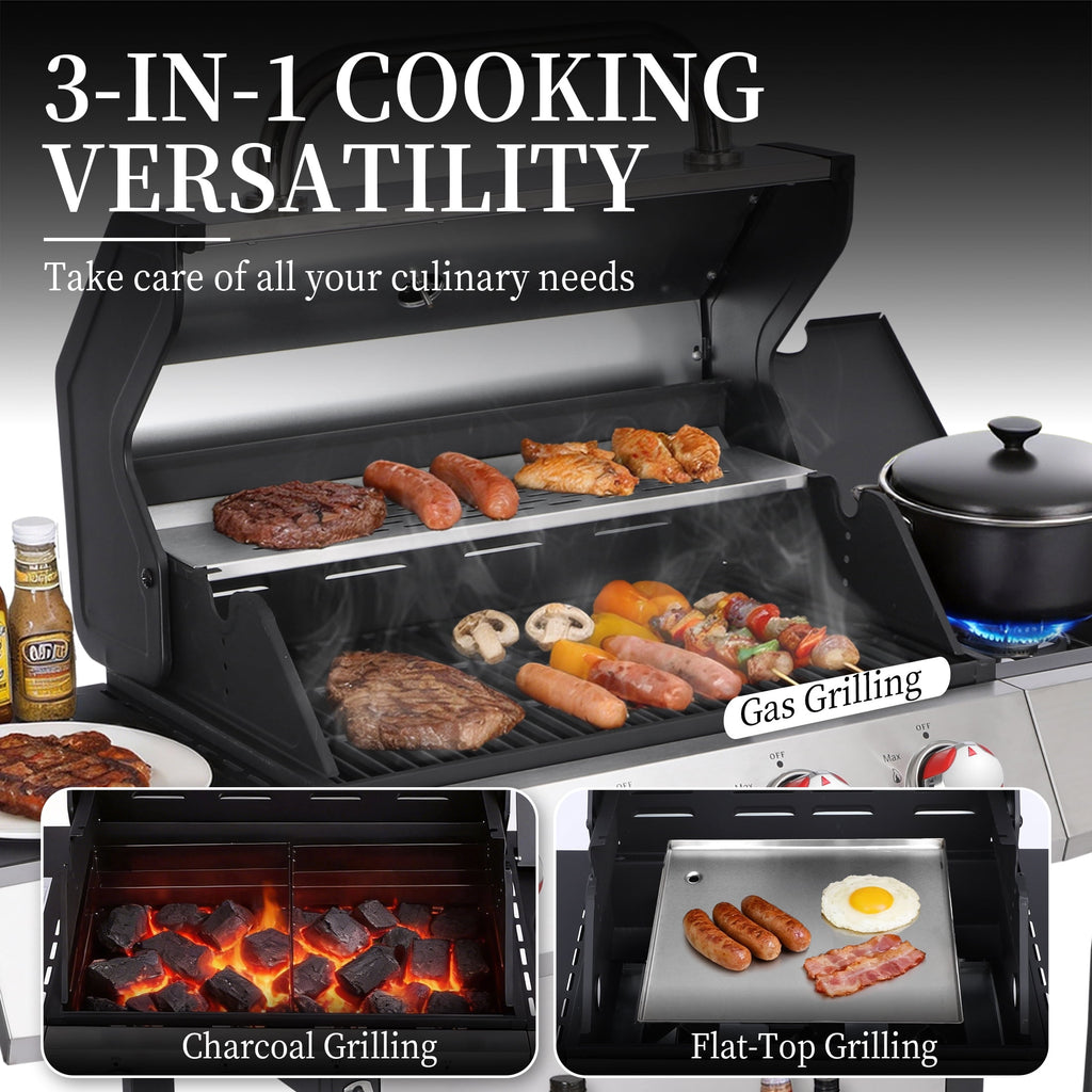 CIG GARDEN 4 Burner Gas Grill Combo with Side Burner, 3 in 1 Gas BBQ Grill with Charcoal Grill and Griddle, 52,000 Outdoor Barbecue Grill CIG GARDEN