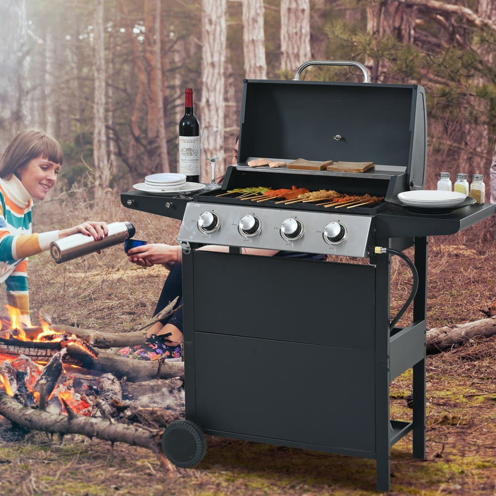 Kadyn Garden Grill with Two Shelves, Lid, Wheels and Bottle Opener, Patio Backyard Barbecue Grill with 4 Burner and Stainless Steel 34,000 BTU, Black Kadyne