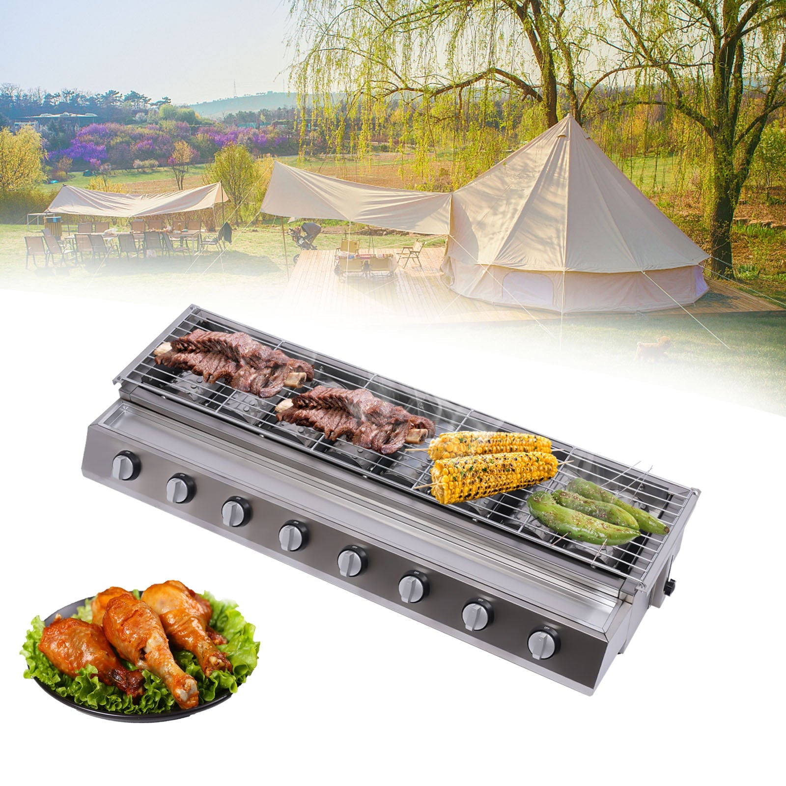 40.94*15.7*7.9in 8 BBQ Gas Grill 201 Stainless Steel Silver Patio Garden Barbecue Grill for Restaurants Barbecue Restaurants Unbranded