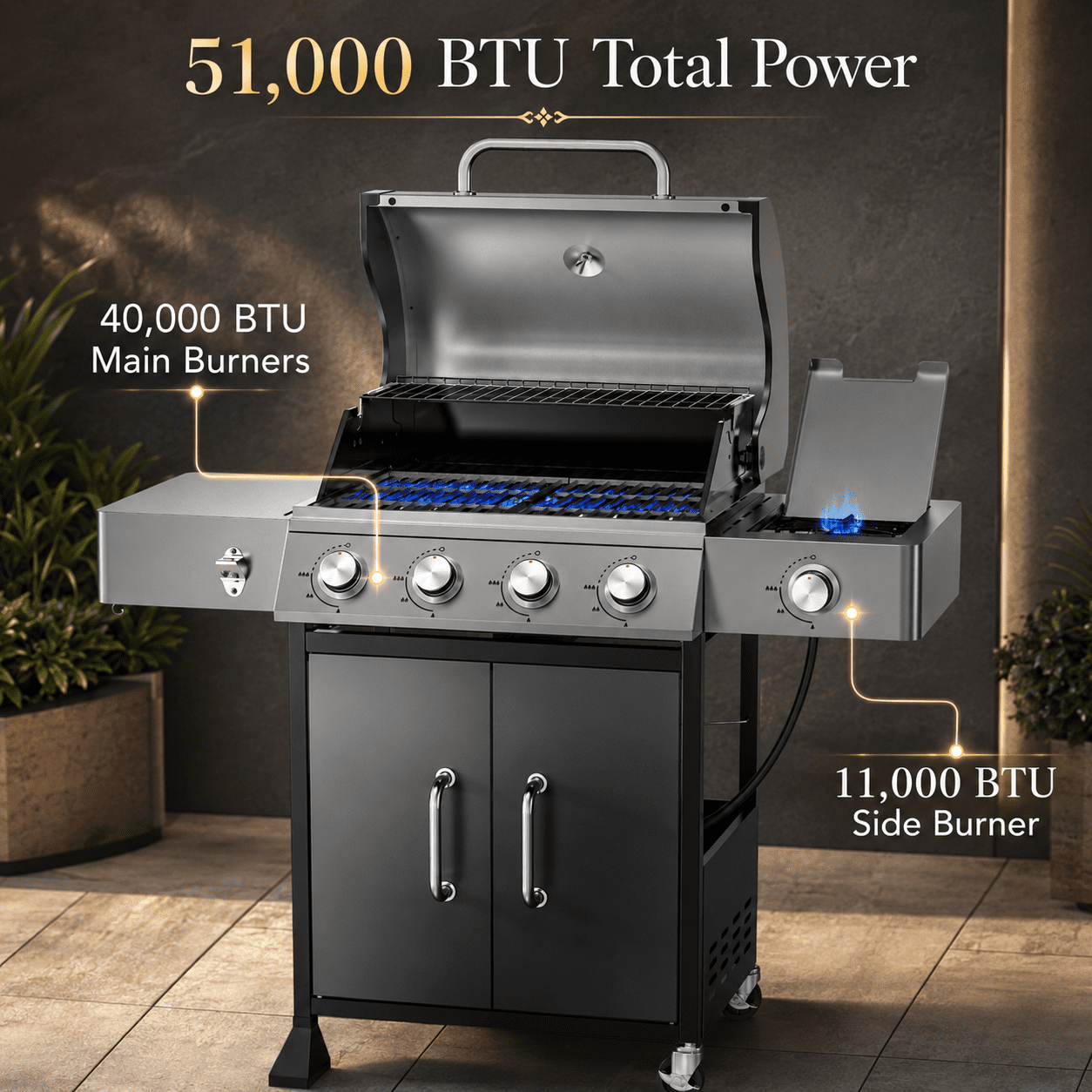 4-Burner Propane Gas Grill with Side Burner, 51,000 BTU Outdoor BBQ Grill with Porcelain-Enameled Grates, Warming Rack, Side Tables, Bottle Opener, Thermometer and Wheels for Patio Backyard Cooking Gas Grills