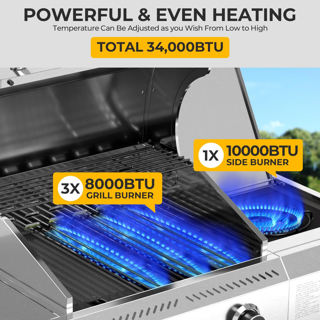 LHRIVER Stainless Steel BBQ Grill, 3 Burner Propane Gas Grill with Side Burner  for Outdoor Cooking Patio Backyard Gas Grills