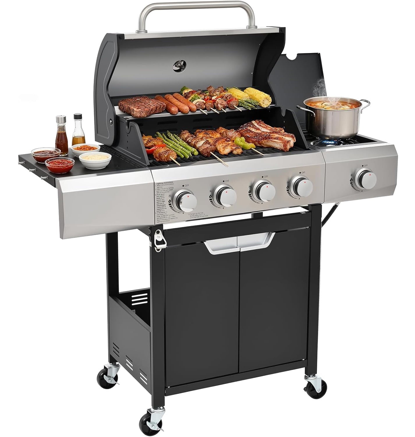4 Burner BBQ Propane Gas Grill with Side Burner, Outdoor Stainless Steel 46790 BTU Patio Garden BBQ Grill with Lid, Wheels for Camping, Outdoor Cooking Gas Grills