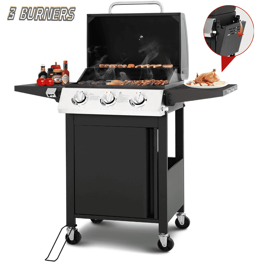30000 BTU Gas Grill with 4 Universal Wheels, 3 Burners Outdoor BBQ Grill with Steel Brush & Thermometer for Outdoor Camping Gas Grills