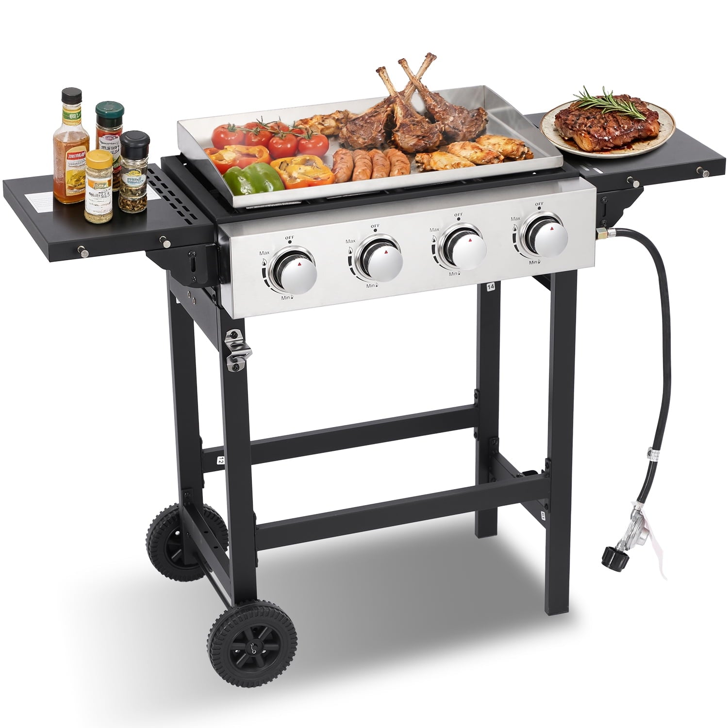 4-Burner Flat Top Gas Grill with Stainless Steel Griddle, Includes Cover & Regulator - Perfect for Camping, Tailgating, Backyards Born Free