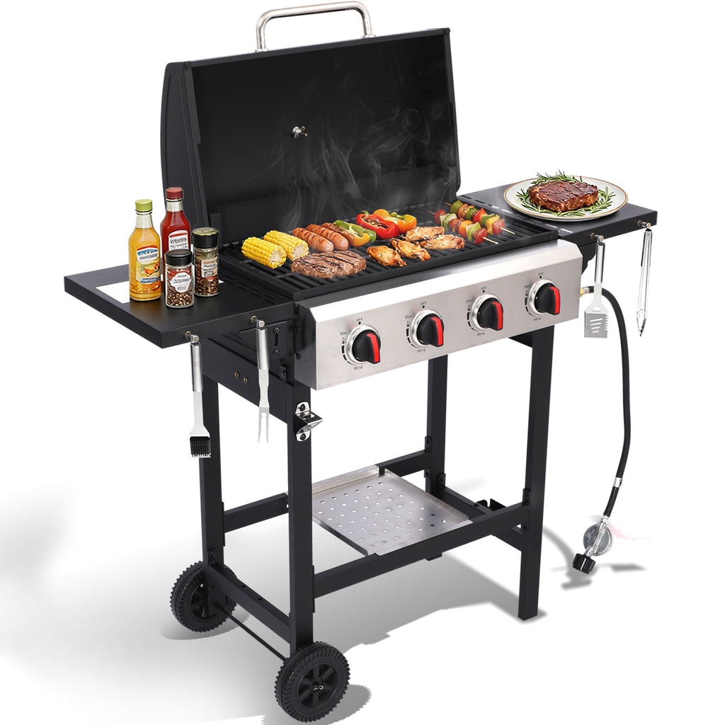 Garden It 4-Burner Propane Gas Grill, 40,000 BTU Portable BBQ with Cast Iron Grates & Griddle Pan, Folding Side Table for Outdoor Camping Backyard Garden It