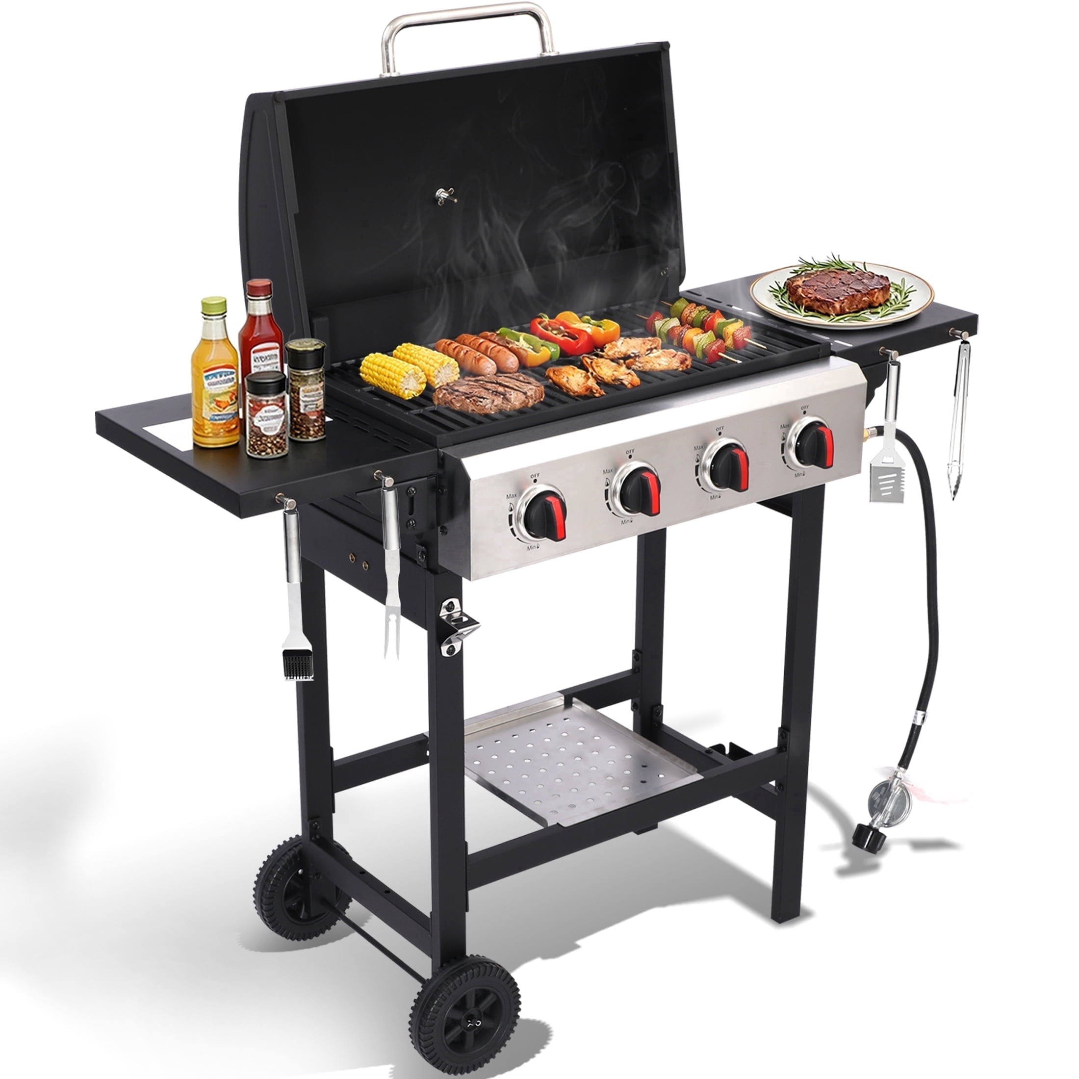 Garden It 4-Burner Propane Gas Grill, 40,000 BTU Portable BBQ with Cast Iron Grates & Griddle Pan, Folding Side Table for Outdoor Camping Backyard Garden It