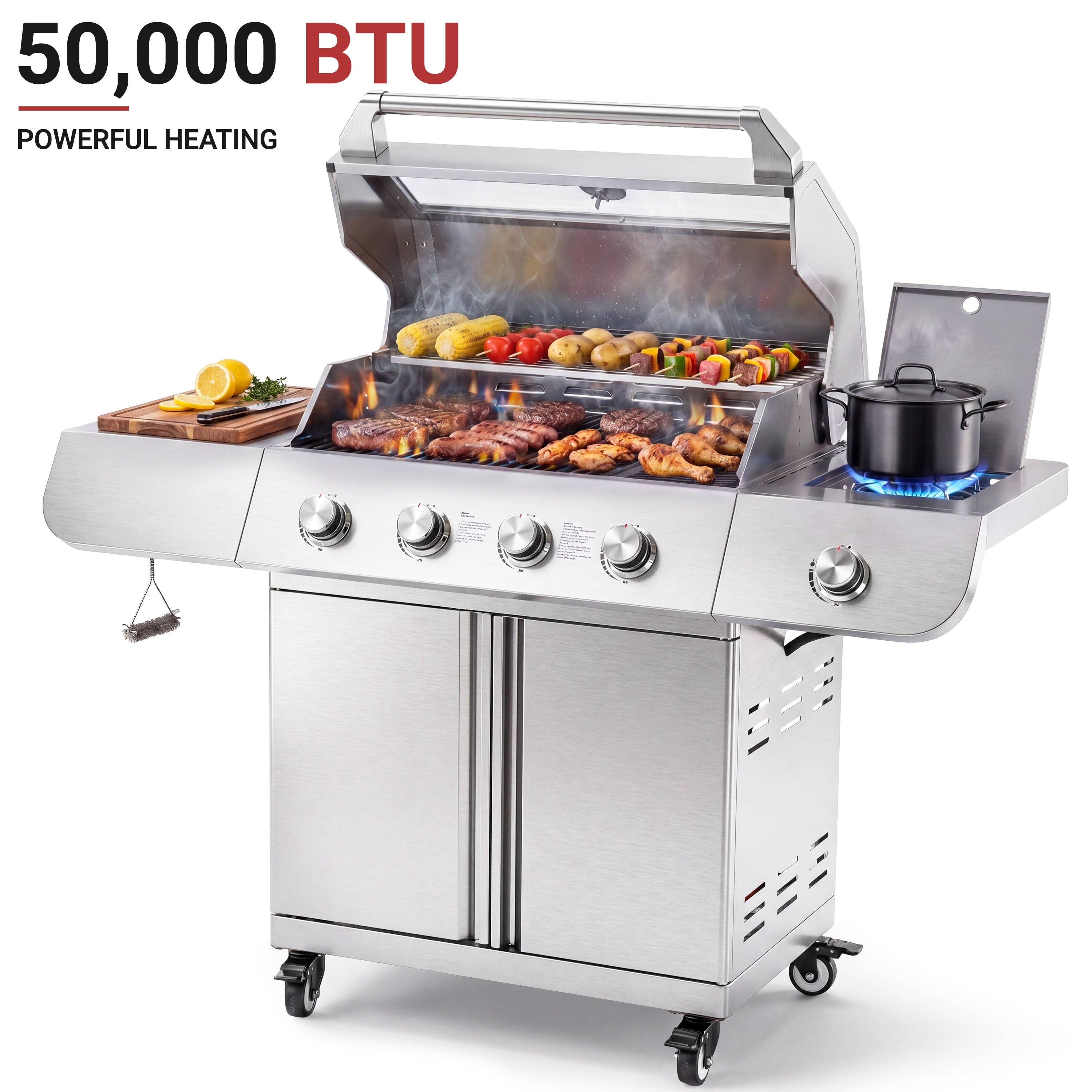 4-Burner Gas Grill and Griddle Combo with Side Burner, 50,000 BTU Propane BBQ Grill with Porcelain-Enameled Cast Iron Grates, Built-in Thermometer, Ideal for Patio Camping Outdoor Cooking Gas Grills