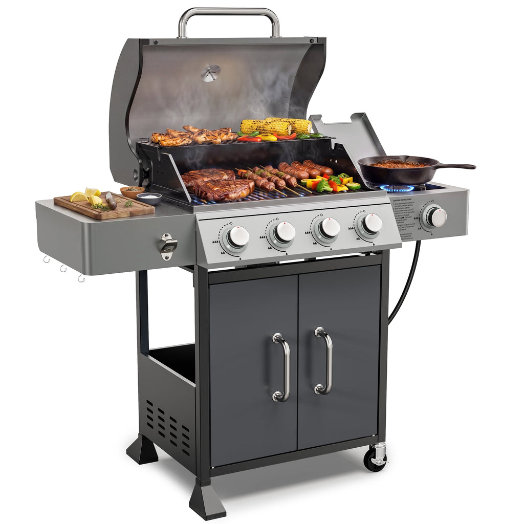 4-Burner Gas Grill with Side Burner, 51,000 BTU Propane BBQ Grill with Porcelain-Enameled Cast Iron Grates, Built-in Thermometer, Ideal for Patio Camping Outdoor Cooking Gas Grills