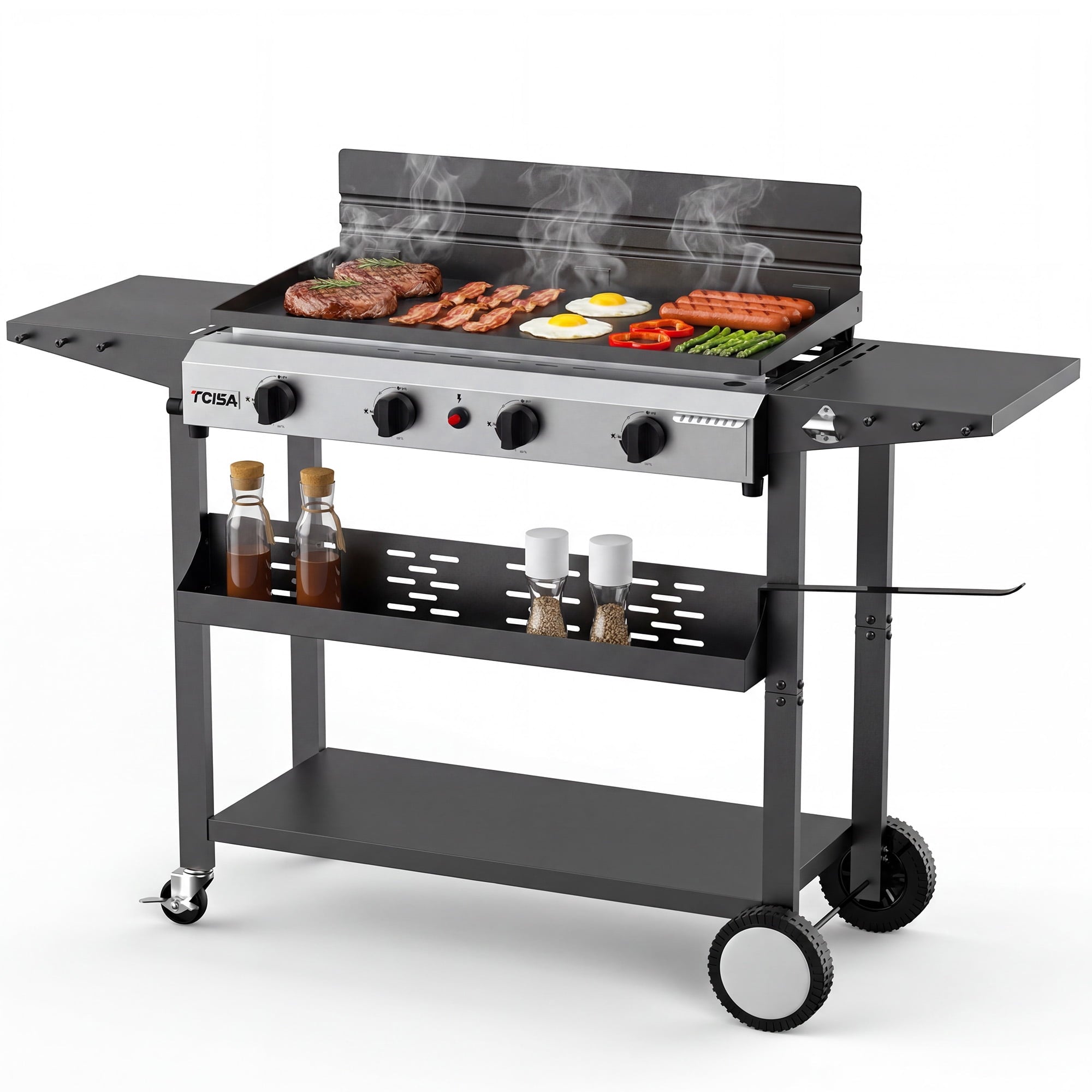 Tcisa 4 Burner Propane Gas Griddle with Standing Cart, Flat Top Grill with Hood for Camping, Tailgating, Backyard Gas Grills