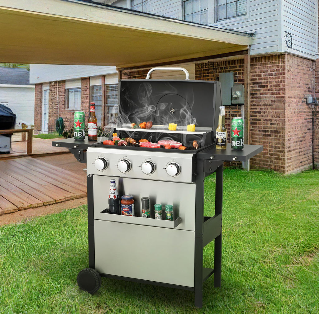 4-Burner Propane Gas BBQ Grill with 34200BTU Output, Stainless Steel, Foldable Side Table, Warming Rack, and Hanging Basket for Outdoor Barbecue JIOMIJIOMI