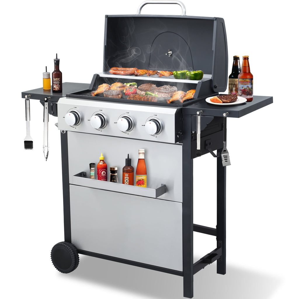 4-Burner Propane Gas Grill - 34,200 BTU BBQ Grill, Stainless Steel Control Panel, Easy Ignition, Temperature Gauge, 2 Enameled Cooking Grids for Backyard BBQ Gas Grills