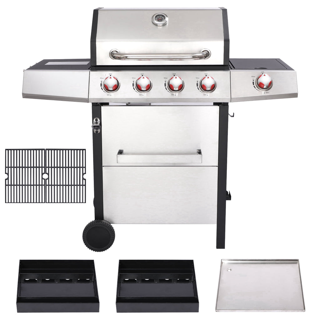 4 Burner Propane Gas Grill Combo w/Side Burner, 3-in-1 BBQ Grill with Charcoal Smoker & Griddle Plate, 46,750 BTU, 448 Sq.In. Stainless Steel Outdoor Cooking Station Nice Cooker