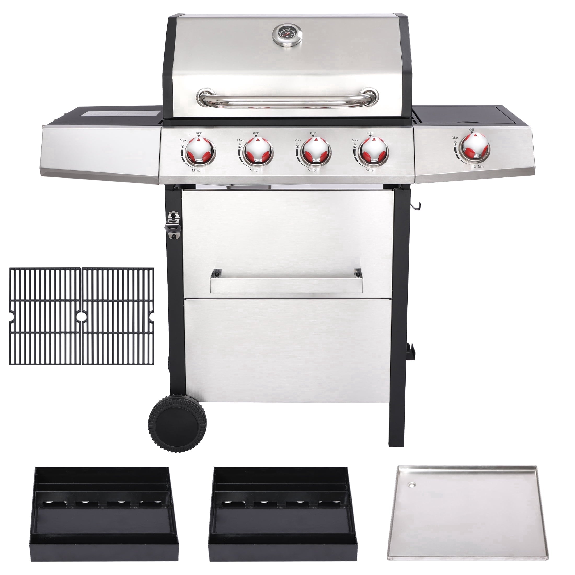 4 Burner Propane Gas Grill Combo w/Side Burner, 3-in-1 BBQ Grill with Charcoal Smoker & Griddle Plate, 46,750 BTU, 448 Sq.In. Stainless Steel Outdoor Cooking Station Nice Cooker